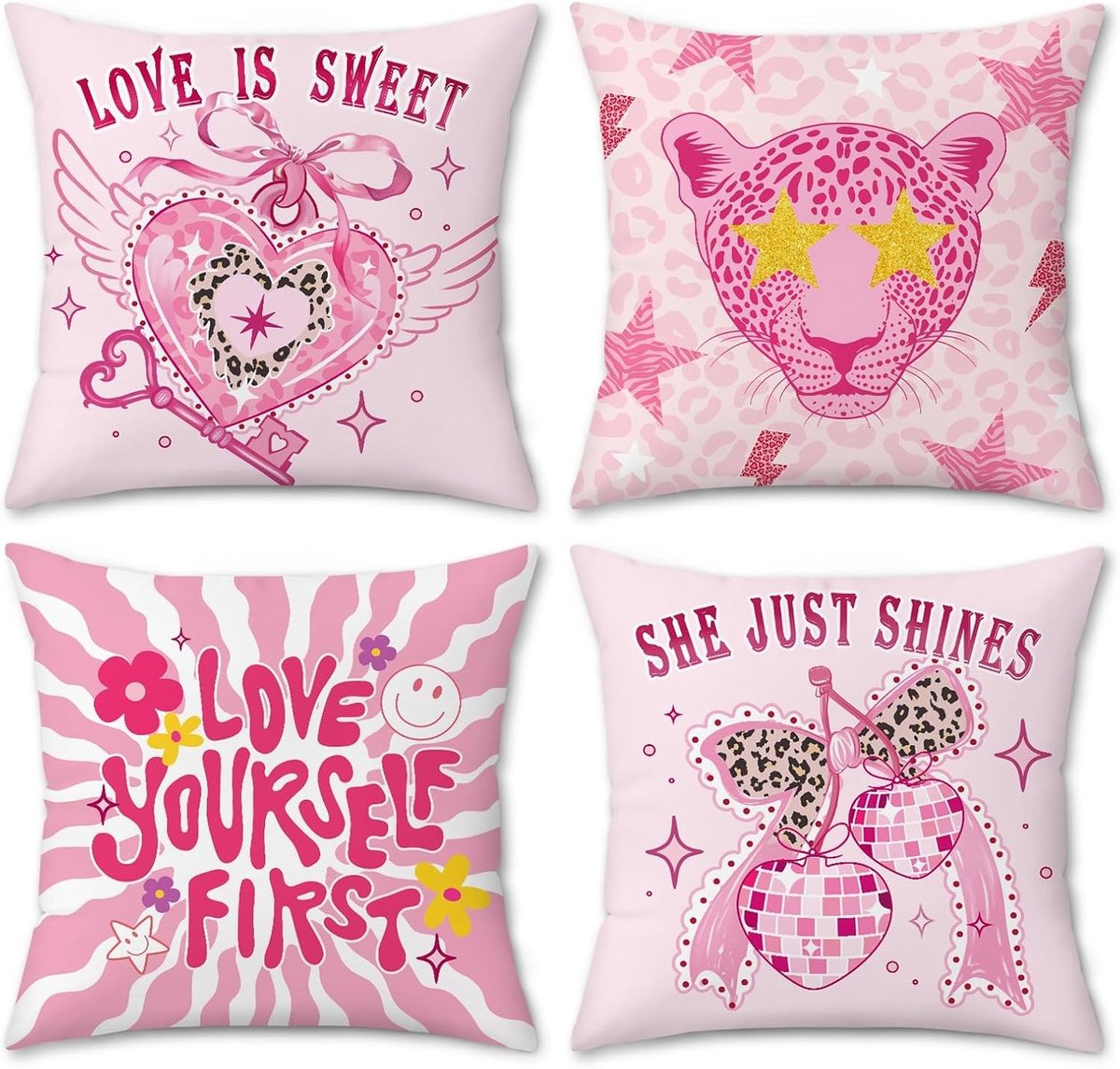 SnelShoppen - Set van 4 Preppy Sierkussenslopen 45x45 cm Roze Hart Luipaard Glimlach Gezicht Boog Decoratief voor Meisjes Woondecoratie