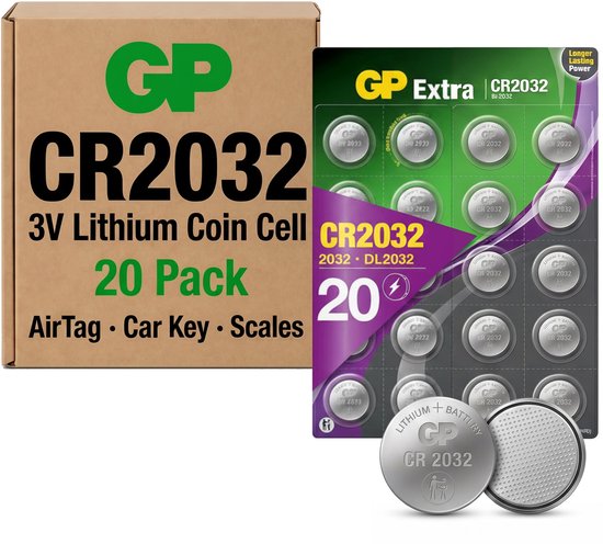 GP CR2032 3V lithium knoopcel batterijen, 20 stuks in verpakking en doos. Blisterpak met 20 batterijen.