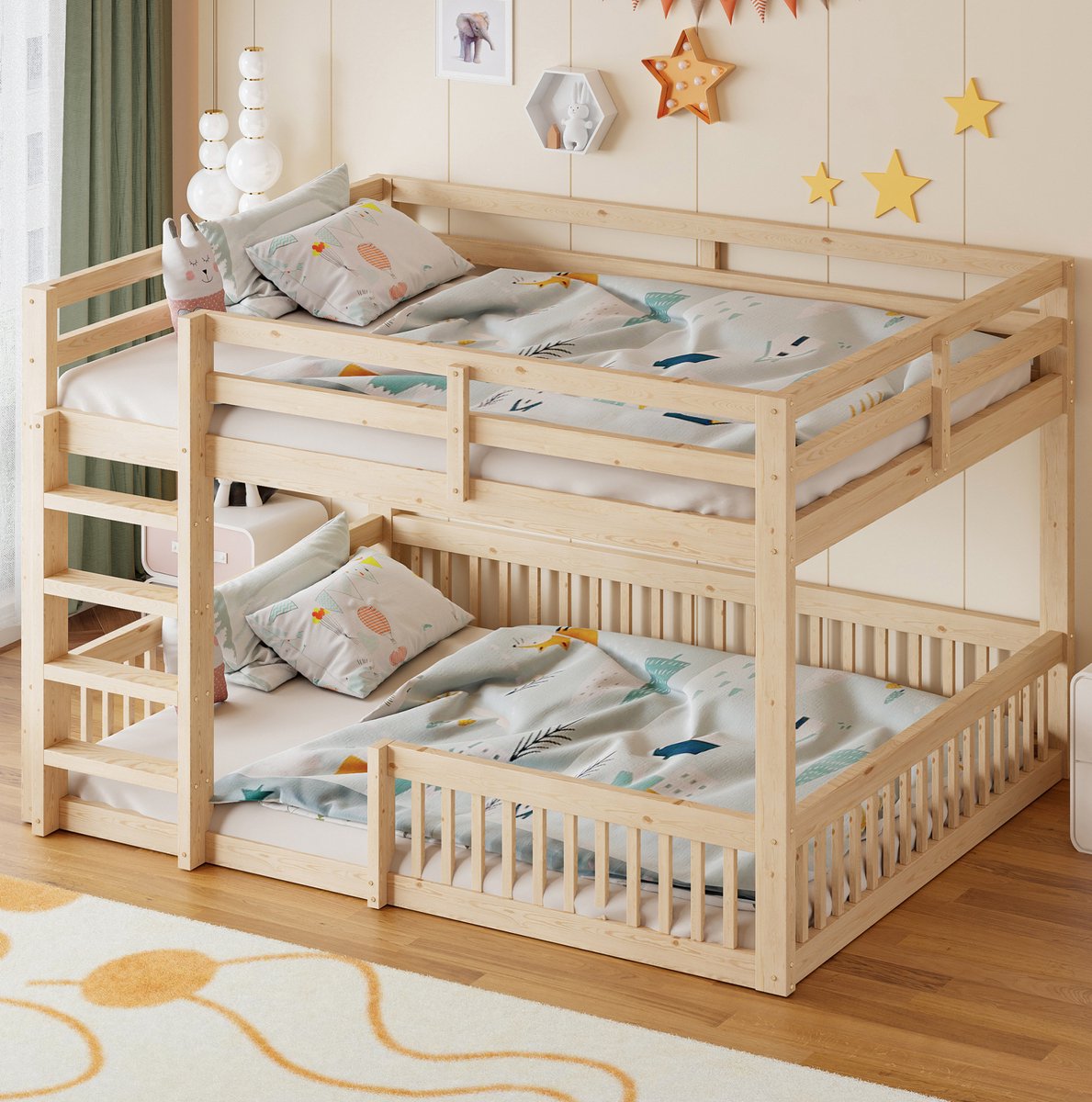 FloraGrace Stapelbed 160x200 cm - Bed Met Uitvalbeveiliging En Ladder - Zonder Matras - Hout En MDF - Natuurlijk
