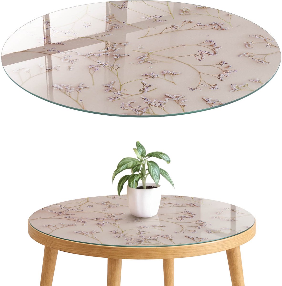 ArtPrintCave Bloemenpatroon Glazen Tafelblad fi70 cm - Tafelblad Rond - Romig Terrastafel - Bloemen en planten Bureaublad