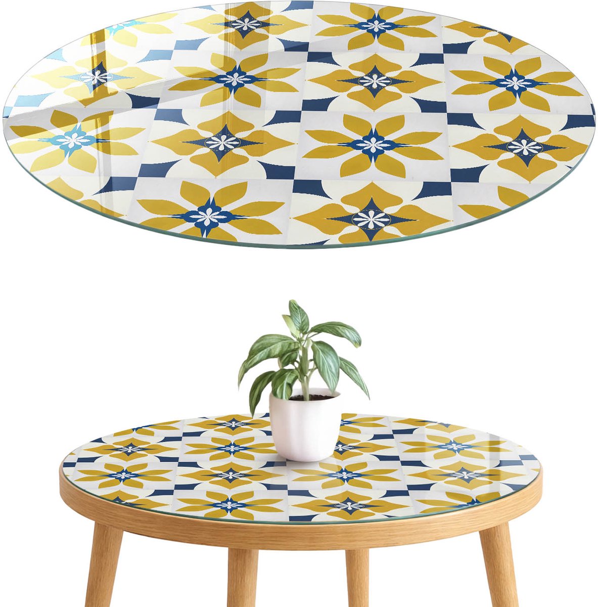 ArtPrintCave Bloemgeometrie Glazen Tafelblad fi70 cm - Tafelblad Rond - Geel Tafelblad Glas - Achtergronden en patronen Keukentafel