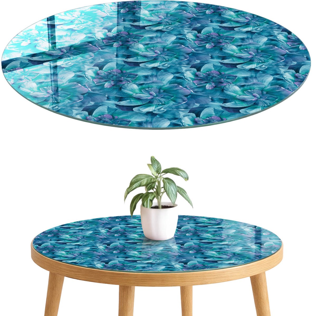 ArtPrintCave Bloemenmozaïek Glazen Tafelblad fi70 cm - Tafelblad Rond - Blauw Bureaublad - Bloemen en planten Keukentafel