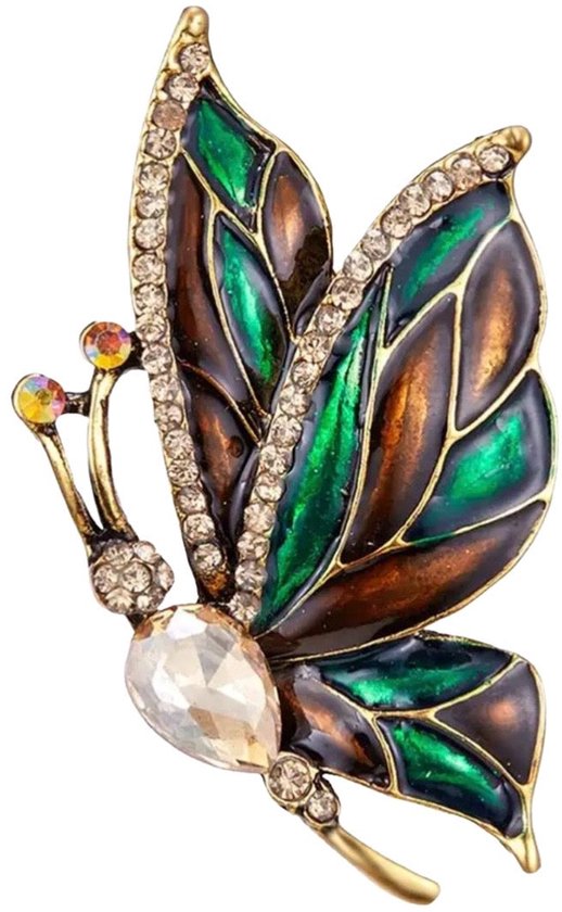 Broche papillon dorée aux ailes émaillées vertes, brunes et beiges avec strass