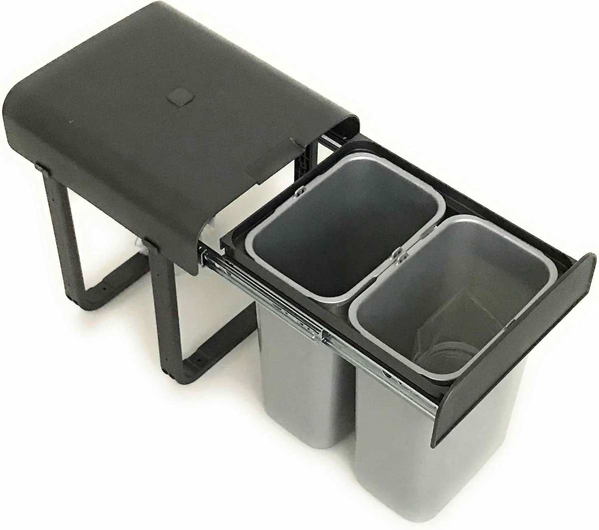 SnelShoppen - Afvalcontainer voor Keuken met 2-voudige Scheiding, Grijze Plastic Afvalbak, 16 Liter, Inclusief Handvaten, Voor Kastbreedte 40 cm, Makk