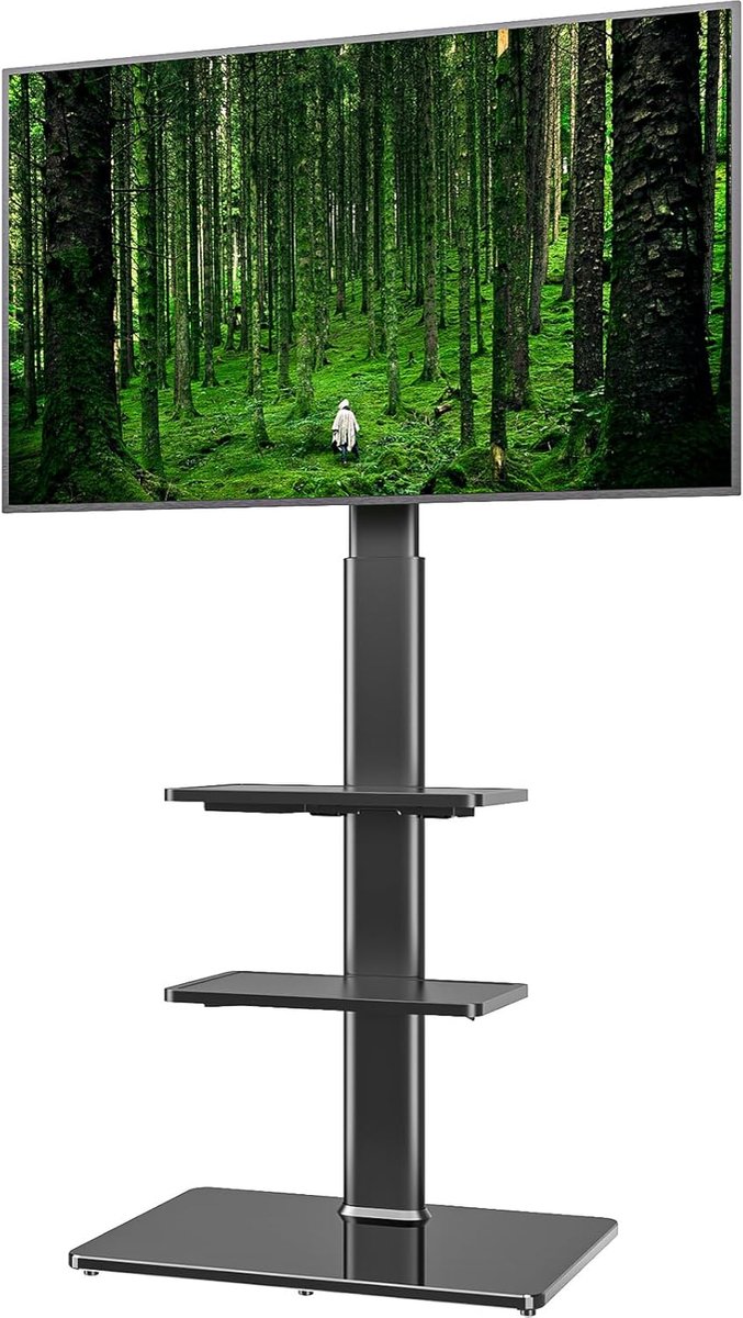 SnelShoppen - TV Vloerstandaard met 3 Planken, Draai- en Hoogteverstelbaar voor LCD LED OLED Plasma Flat TV 19-42 Inch - Universele TV Stand met Opber