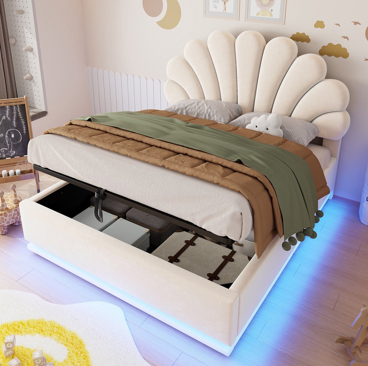 FloraGrace Gestoffeerd Bed 140x200 cm - Bloemvormig Hoofdbord - Hydraulische Opbergruimte - LED Verlichting - Beige - Zonder Matras