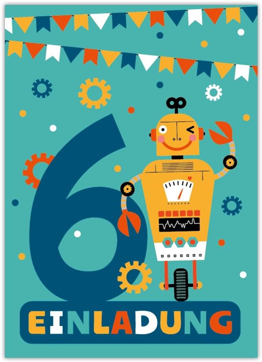 SnelShoppen - 12 Uitnodigingskaarten voor 6e Verjaardag Jongens - Robot Themaparty - 300 g/m² Foto Print - UV Gelakt - 10.5 x 14.8 cm - Feestdagen