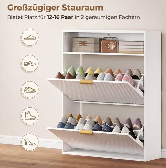 COVREO Schoenenkast 80x24x102,5 cm wit, van hout met 2 klapvakken — afbeelding 3
