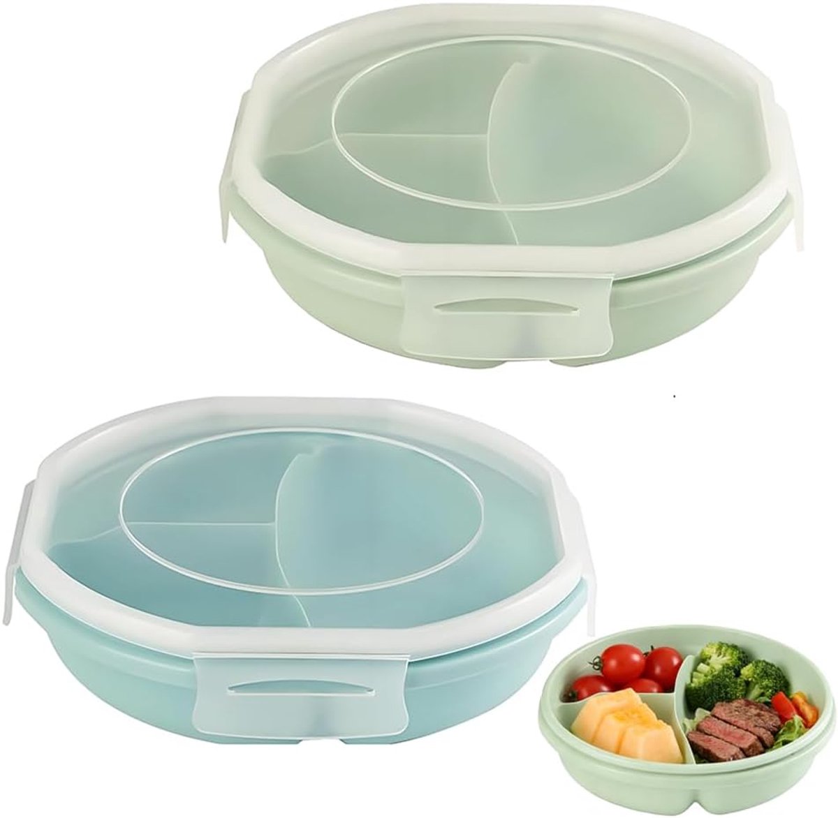 SnelShoppen - Set van 2 Magnetron Borden met Deksel, Magnetron Servies met Ventilatie, Voedselopslagbox met 3 Compartimenten, Ideaal voor Koelkast en