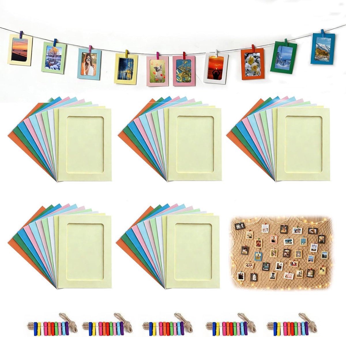 SnelShoppen - 50 Stuks 3 Inch Papieren Fotolijsten 9x9,5cm Kleurrijke Fotowreath met 50 Houten Klemmen en 5 Rollen Jute Touw voor Ophangen Geschikt vo