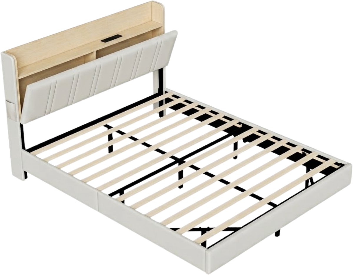 Happiq Gestoffeerd Tweepersoonsbed 140x200 cm Wit - met LED Verlichting, Opbergruimte, Hoofdbord, Oplaadstation Grijs