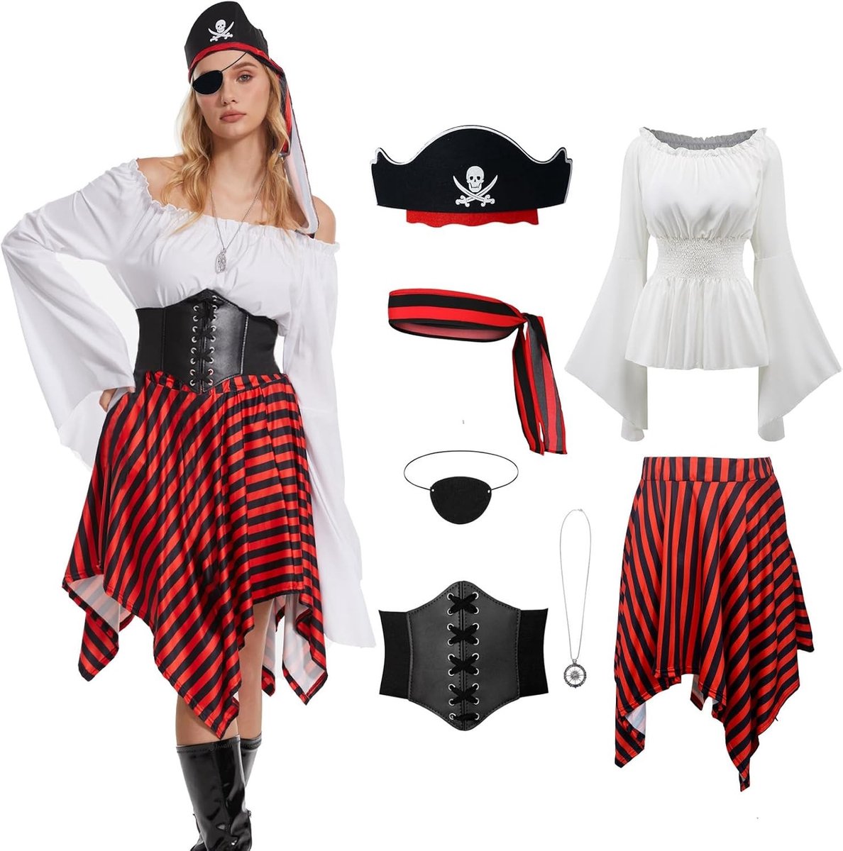 Piratenkostuum voor Volwassen Vrouwen met Tailleband, Hoofddoek en Ooglapje voor Halloween en Cosplay Feesten