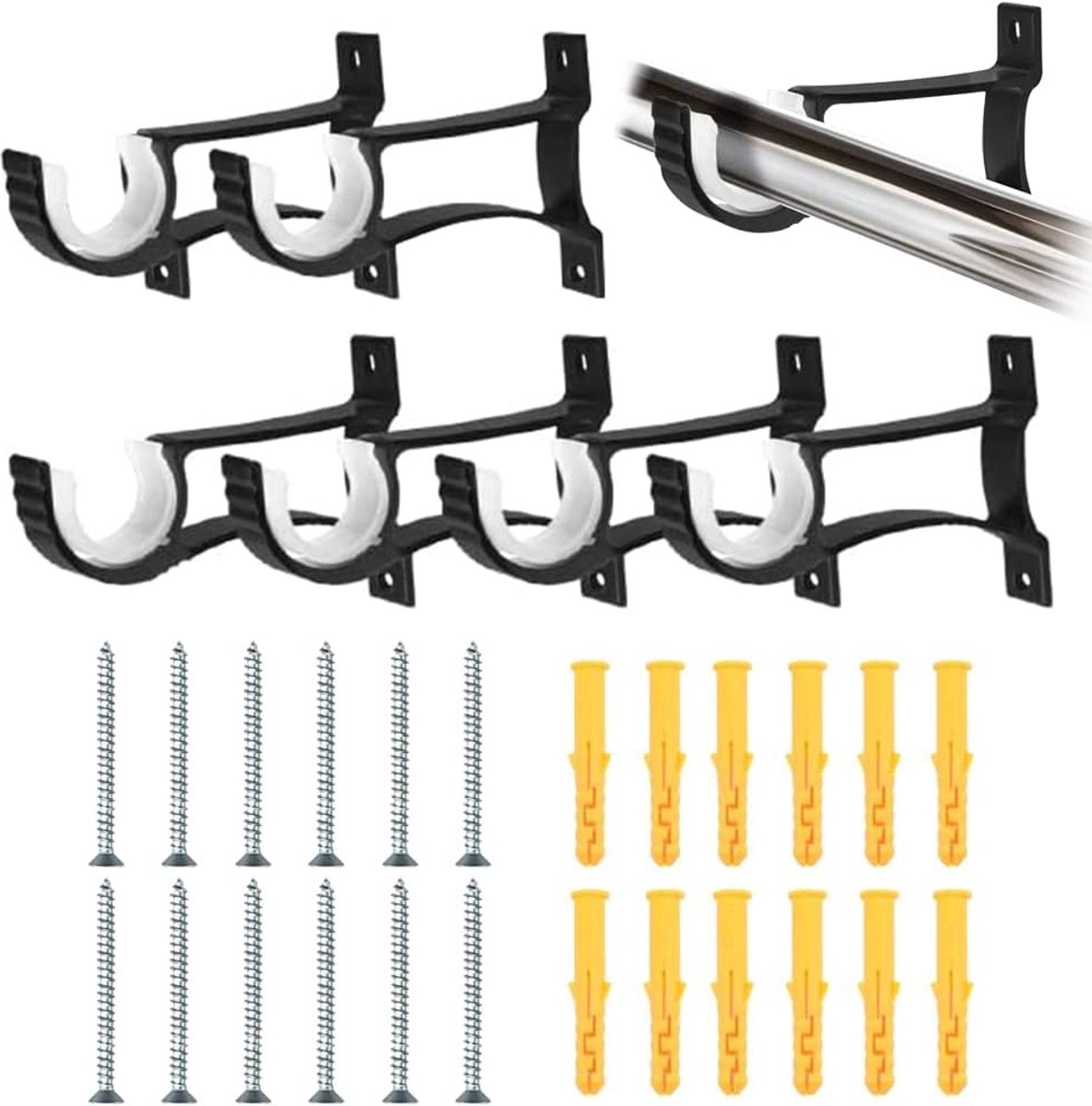 SnelShoppen - Zwarte Gordijnroedehouder, 6 Wandbeugels voor Gordijnroeden 23 mm, Sterke Aluminiumlegering, Antislip en Uitneembare Sluiting voor Keuke