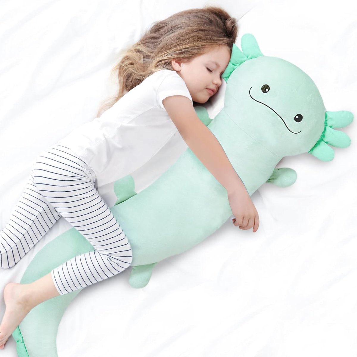 SnelShoppen - Giant Axolotl Knuffel Kussen - 120 cm - Grote Groene Axolotl Slaap Kussen voor Kinderen, Verjaardag, Pasen, Glow in the Dark