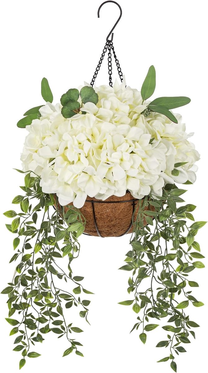 SnelShoppen - Kunstbloemen Hortensia met Hangmand van Kokosvezel en Metaal, Hangplant voor Binnen en Buiten, Balkon Tuindecoratie, Weelderige Witte Bl