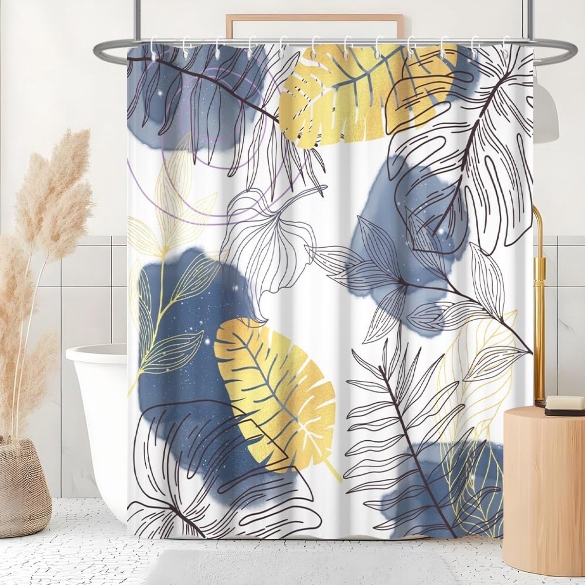 SnelShoppen - Douchegordijn 180 x 220 cm Schimmelbestendig Blauw Marine Boho Stijl Tropische Abstracte Palmbladeren Jungle Douchegordijn Waterdicht Wa