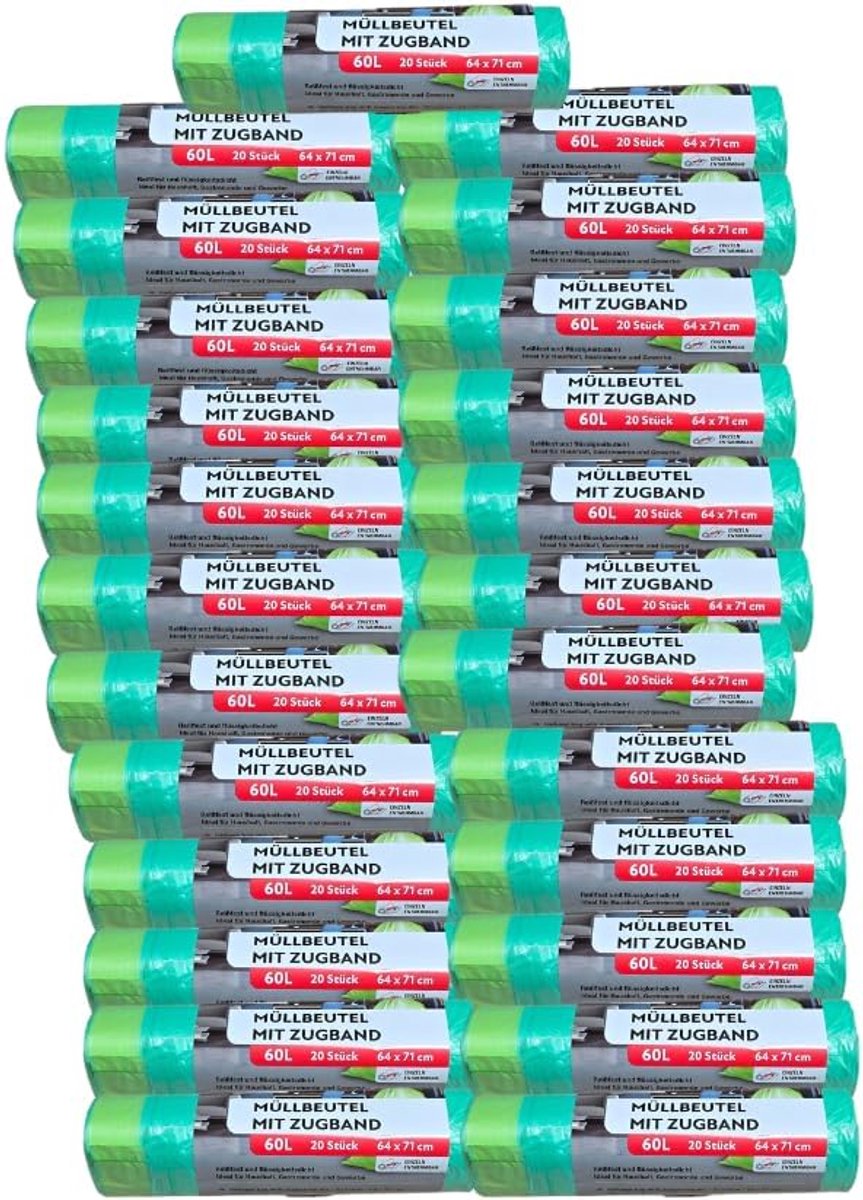 SnelShoppen - 60 L Groene Trekbandafvalzakken - 27 Stuks - Scheurbestendig - Gemakkelijk in Gebruik - Perfect voor Huishoudelijk Afval en Plastic - Ho