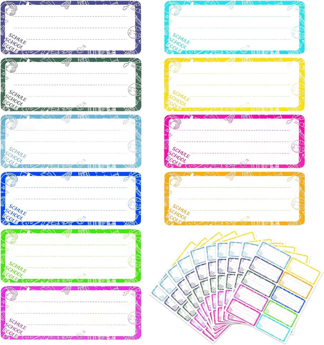 SnelShoppen - Zelfklevende Labels - 100 Persoonlijke Schoolstickers - Naamstickers - Duurzaam en Scheurvast - 7.5 x 3.5 cm - 10 Kleuren - Ideaal voor