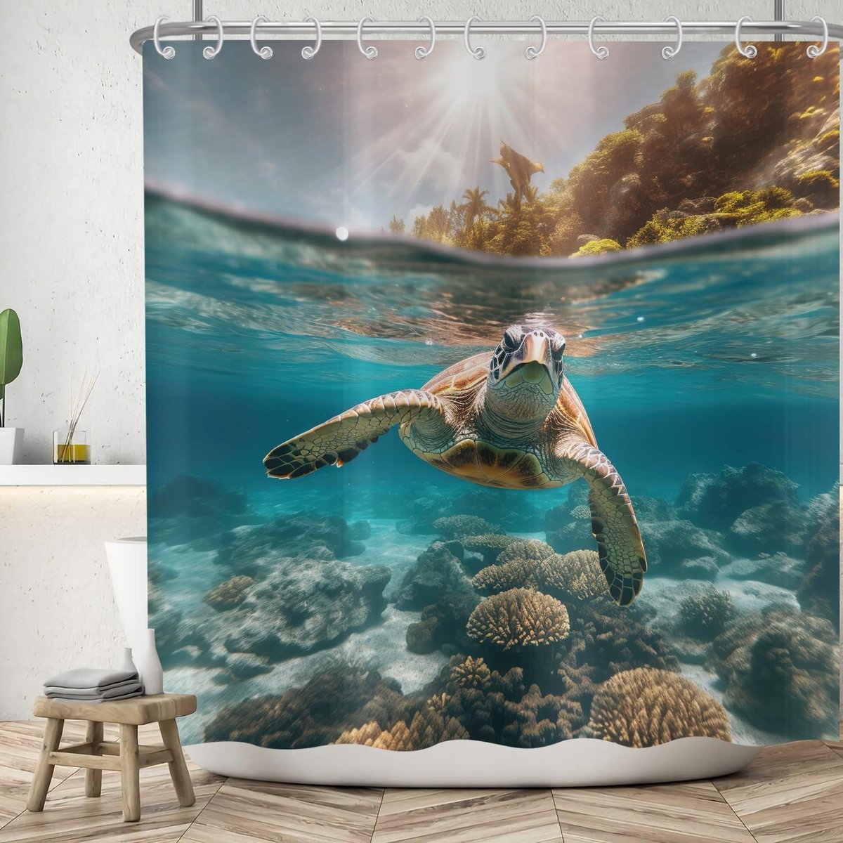 SnelShoppen - Douchegordijn 120 x 200 cm Blauw Oceaan Zee Dieren Schildpad Zwemmen Zonneschijn Badkamer Wasbaar Polyester Waterdicht Douche Gordijn me