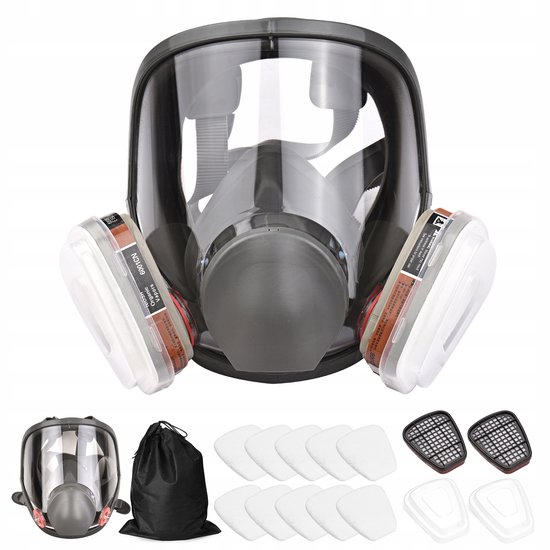 Volgelaatsgasmasker met grote transparante bril en twee witte filters. Een kleiner masker, een zwarte tas en losse filters worden ernaast getoond.
