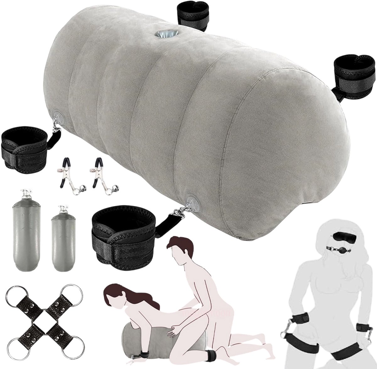 Sexkussen met Handboeien - Opblaasbaar Seks Kussen - Fixatieset - Handsfree - Seksaccessoire - met Houder voor Masturbator, Dildo of Vibrator - Voor Stellen - Reizen Thuis en Hotel