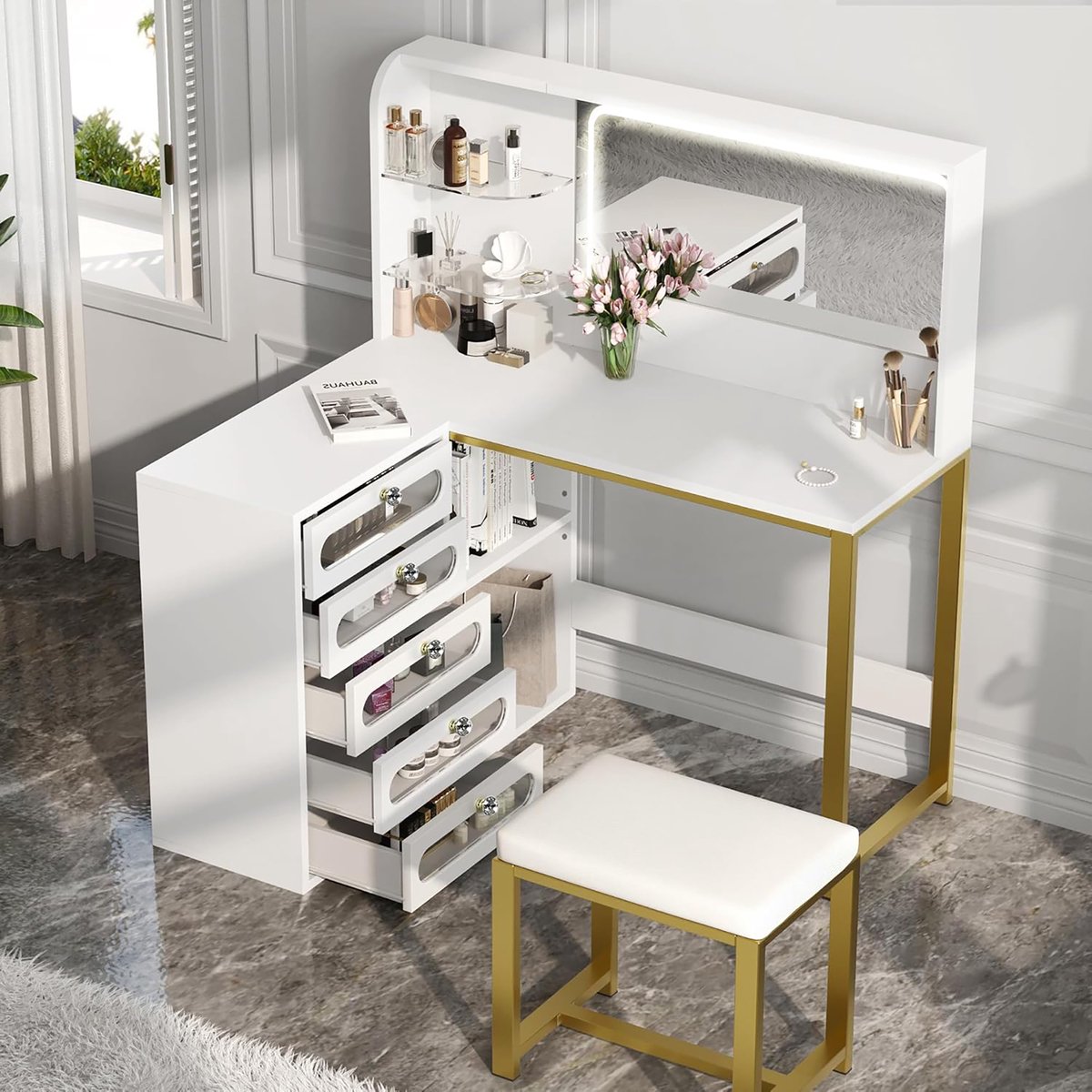Kaptafel met kruk 120x80x135 cm, make-up tafel met led spiegel en 5 lades, moderne toilettafel met gouden metalen frame, wit