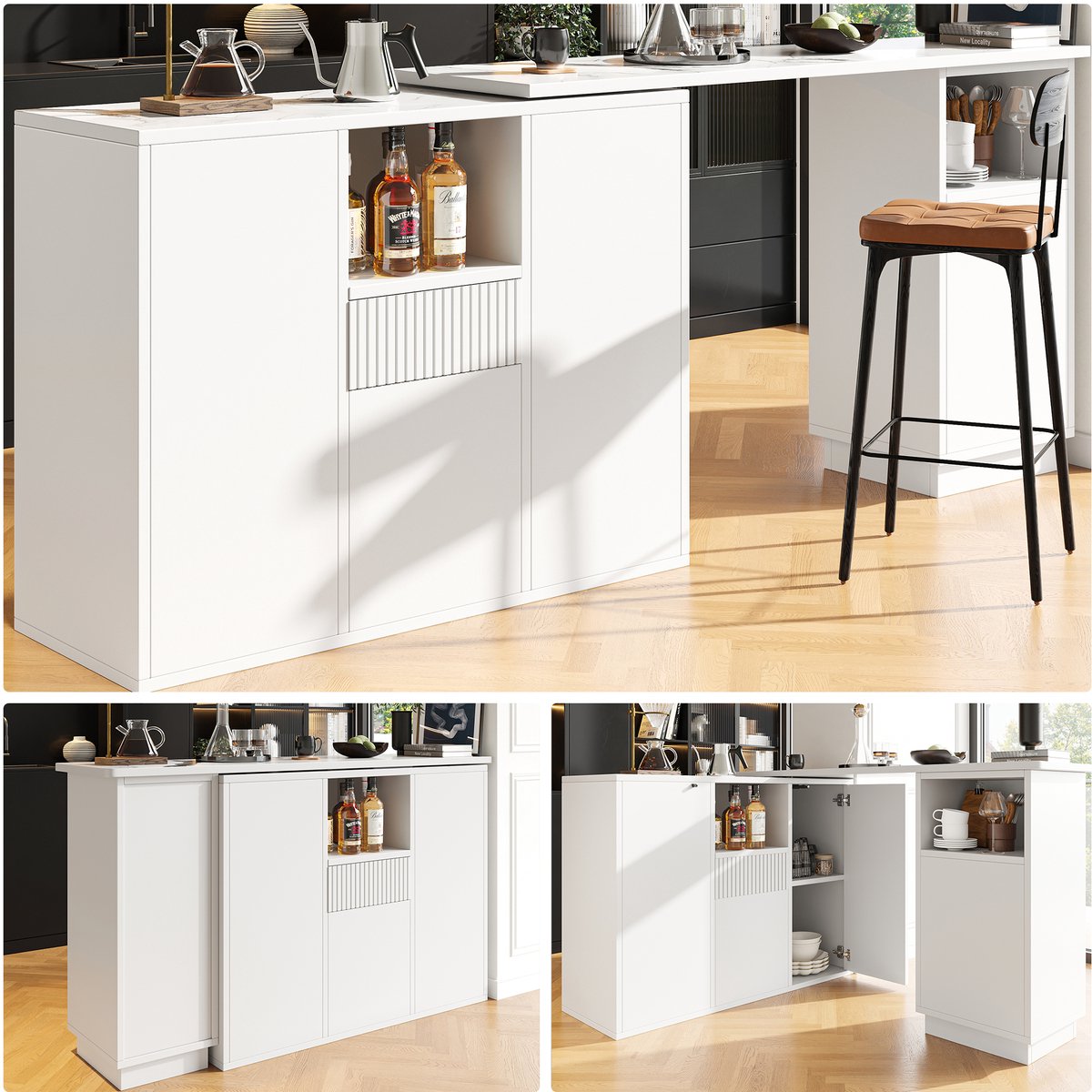 Draaibare Bartafel 360° - Keukeneiland Met Opbergruimte - Marmerlook Wit