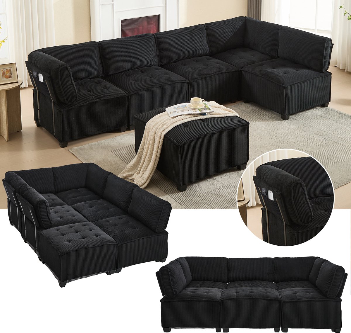 Modulaire Hoekbank - 6 Zitplaatsen Corduroy Bank 308cm U-Vorm L-Vorm Slaapbank Zwart