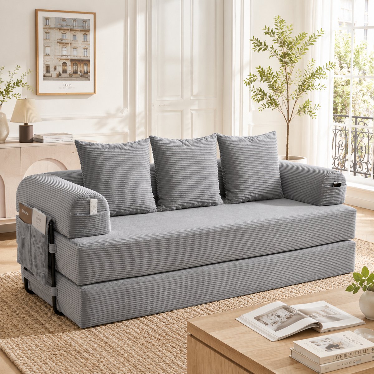 Modulaire 3-Zitsbank - Corduroy Bank Met Metalen Frame, Kussens En Opbergtas, Lichtgrijs