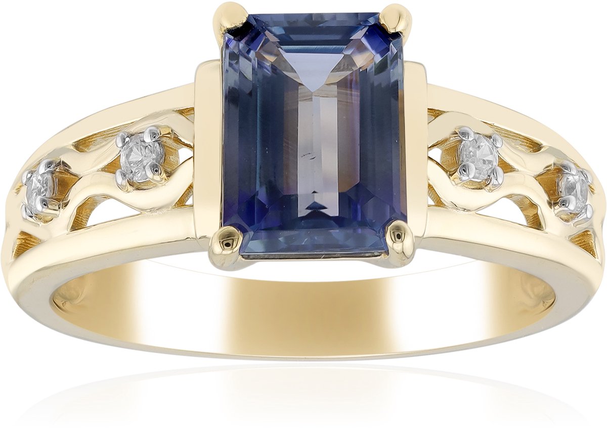 Cavill - Gouden Ring 375 Geelgoud - 1,20 ct Paarse Tanzaniet - Achthoekig Trapgeslepen - Elegante Ring met Zirkonia - Stijlvol & Natuurlijk
