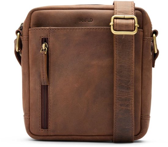 Manfield Bruine Leren Unisex Schoudertas Met Ritssluiting - Maat Onesize