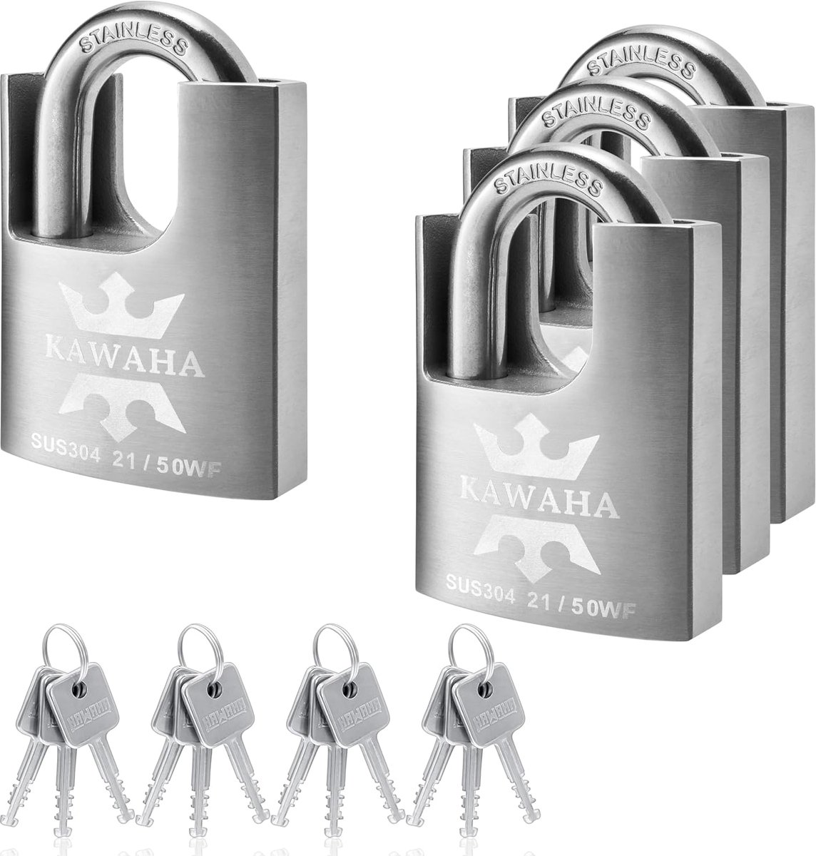 SnelShoppen - 21/50-4PS Hoogbeveiligde Rvs Hangslot met Rvs Sleutel voor Binnen en Buiten Gebruik (Zwaar, Roestvrij, 2" (50mm), 4 Stuks)
