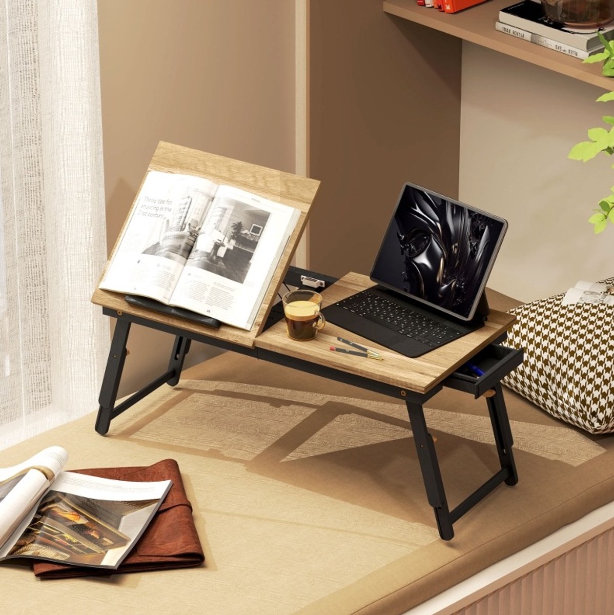 COVREO Bedtafel 83,5x33x23,5-34 cm eiken, bamboe frame met lade