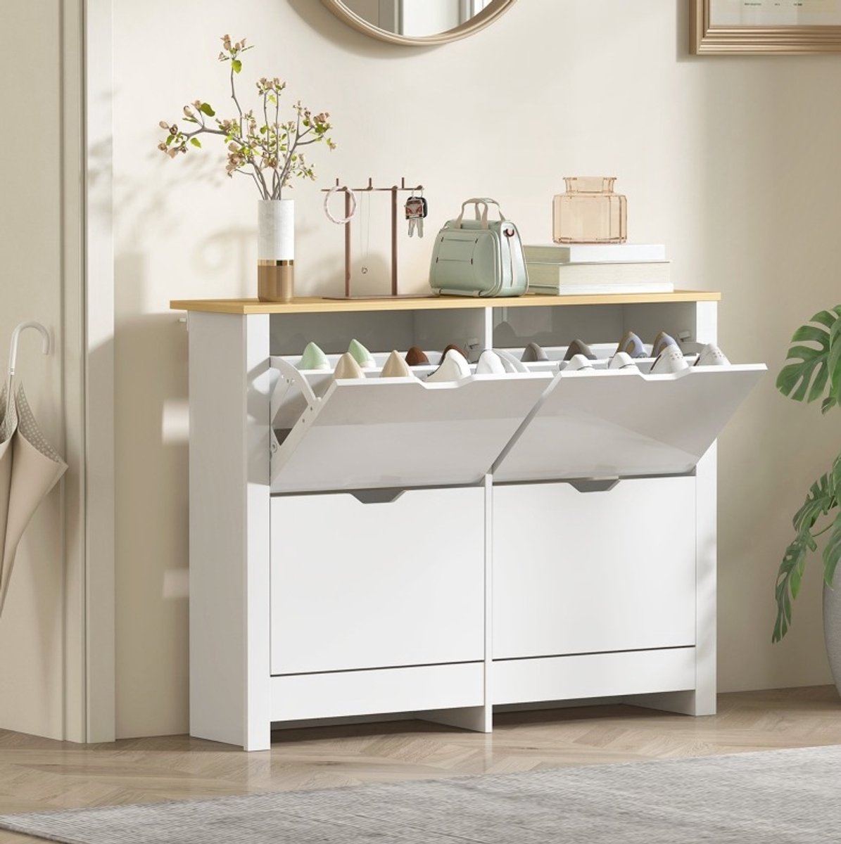 COVREO Schoenenkast 105x26x80 cm wit, van hout met 4 klepvakken