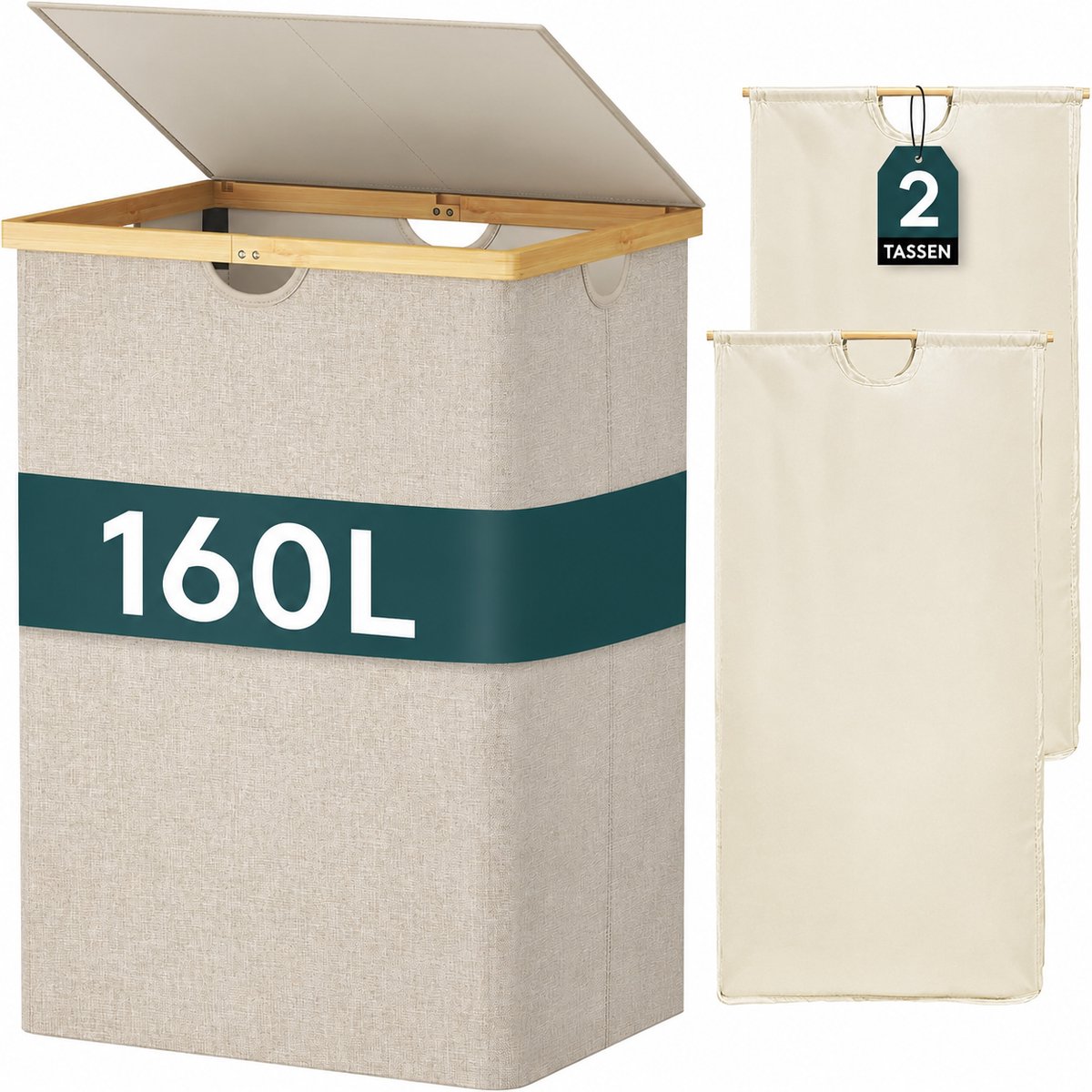Wasmand met Deksel 160 Liter – Dubbele Wasmand met 2 Vakken – Uitneembare Waszakken – Opvouwbare Wassorteerder met Bamboe Handgrepen – Beige