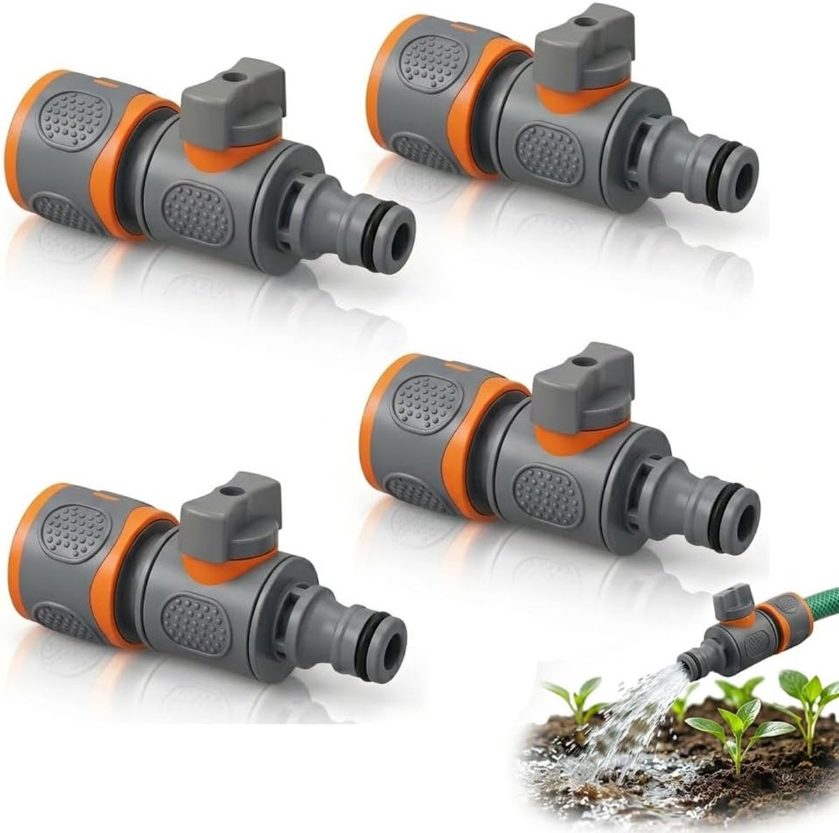 SnelShoppen - Set van 4 Slangstukken met Controlekop, Tuinslang Aansluiting 1/2 Inch | Slangkoppeling met Afsluitklep voor Tuin, Water geven, Camping,