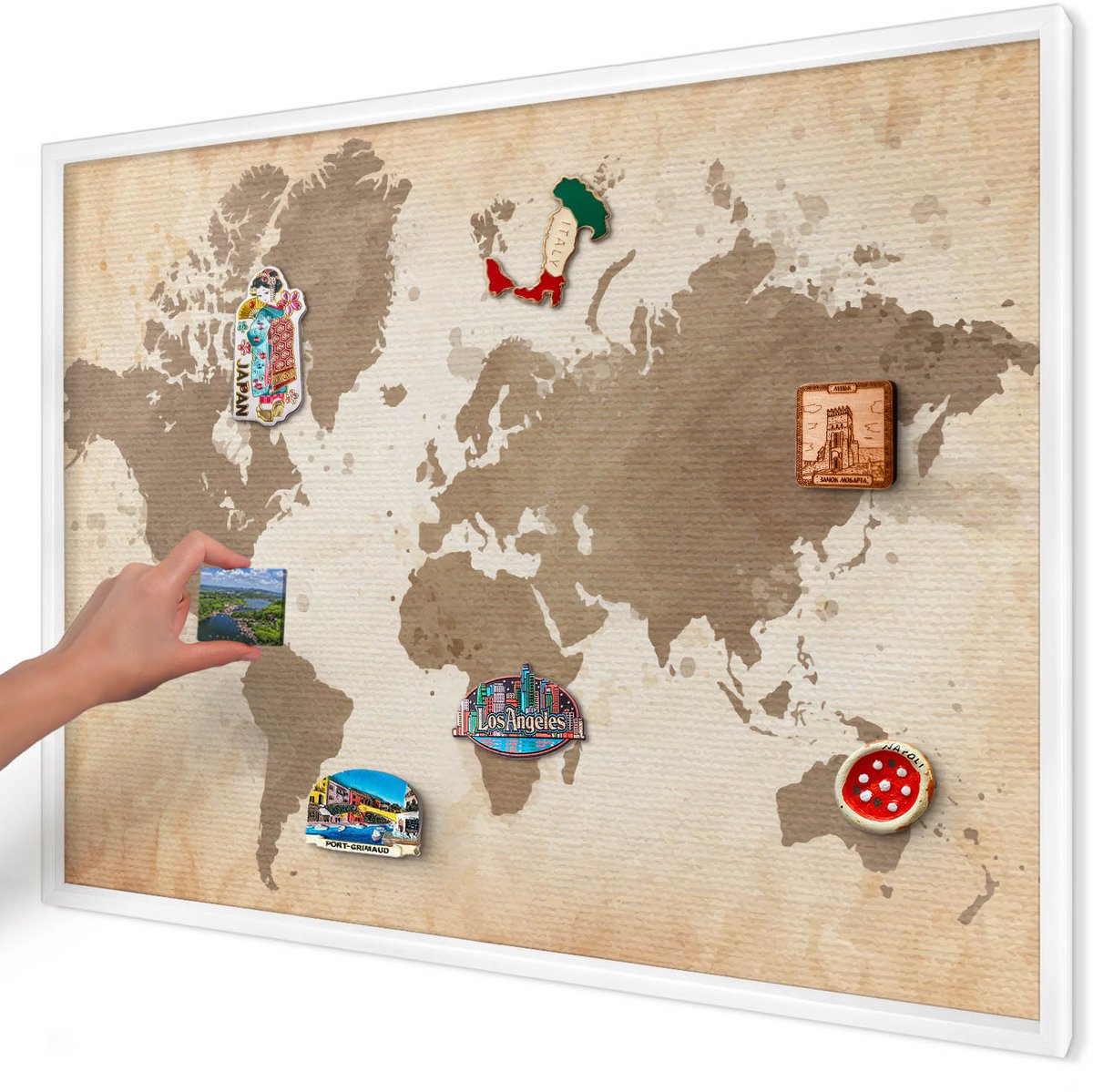 Artprintcave Bruin Magneetbord mit Witte Lijst - 100x70 cm - Wereldkaart Magnetisch Bord - Vintage Memobord Keuken - Kaarten
