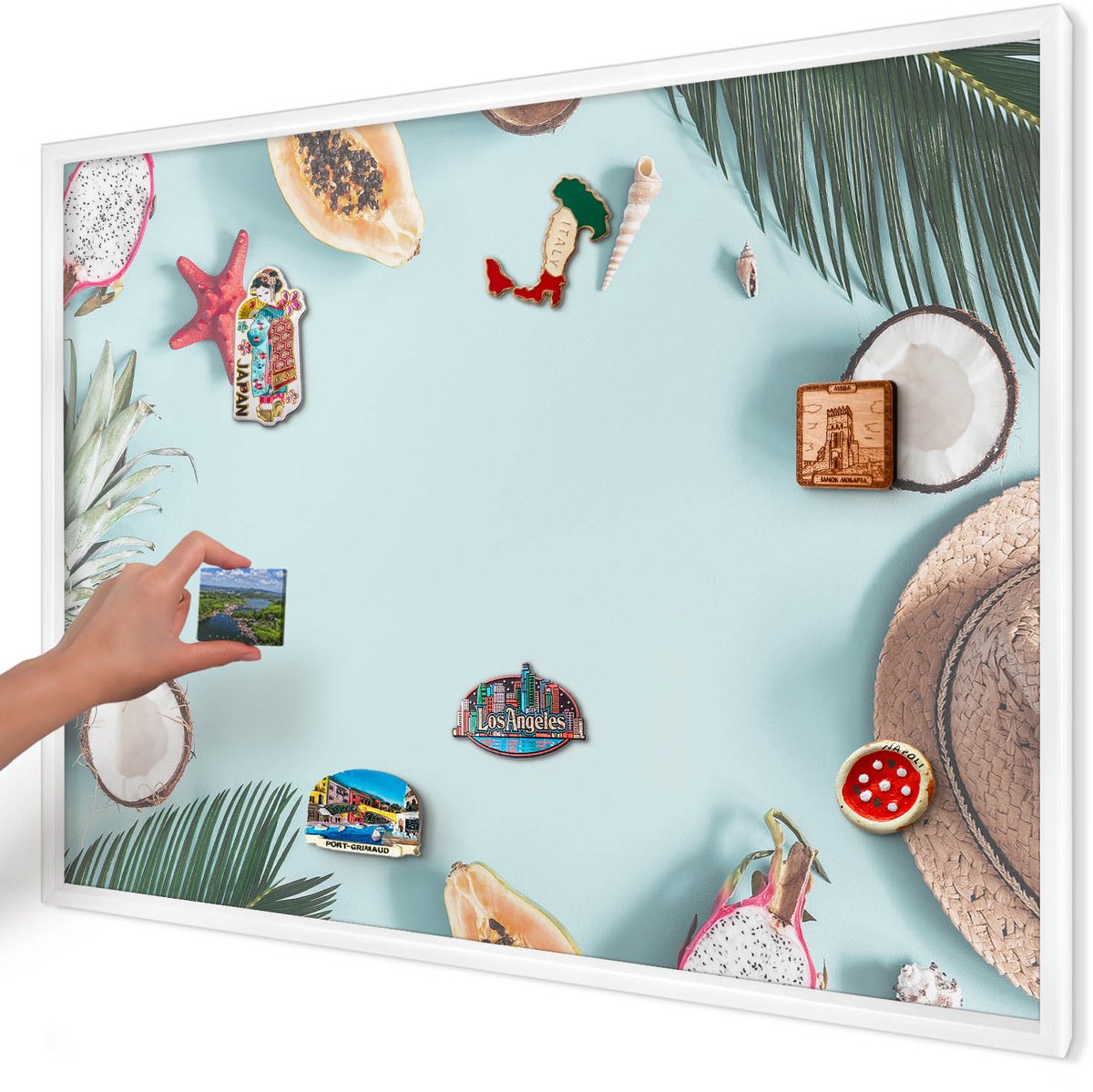 Artprintcave Blauw Magneetbord mit Witte Lijst - 100x70 cm - Tropische Vakantie Magneet Bord mit Frame - Modern Magnetisch Bord - Natuur