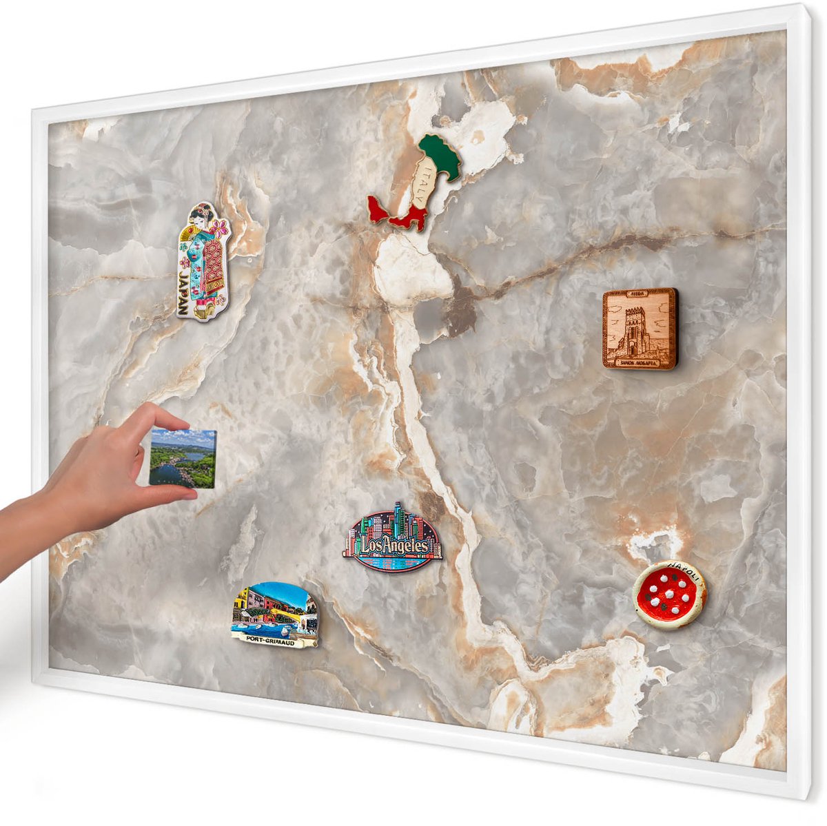 Artprintcave Grijs Magneetbord mit Witte Lijst - 100x70 cm - Marmeren Elegantie Magneetbord Voor Keuken - Modern Magnetische Organizer - Texturen