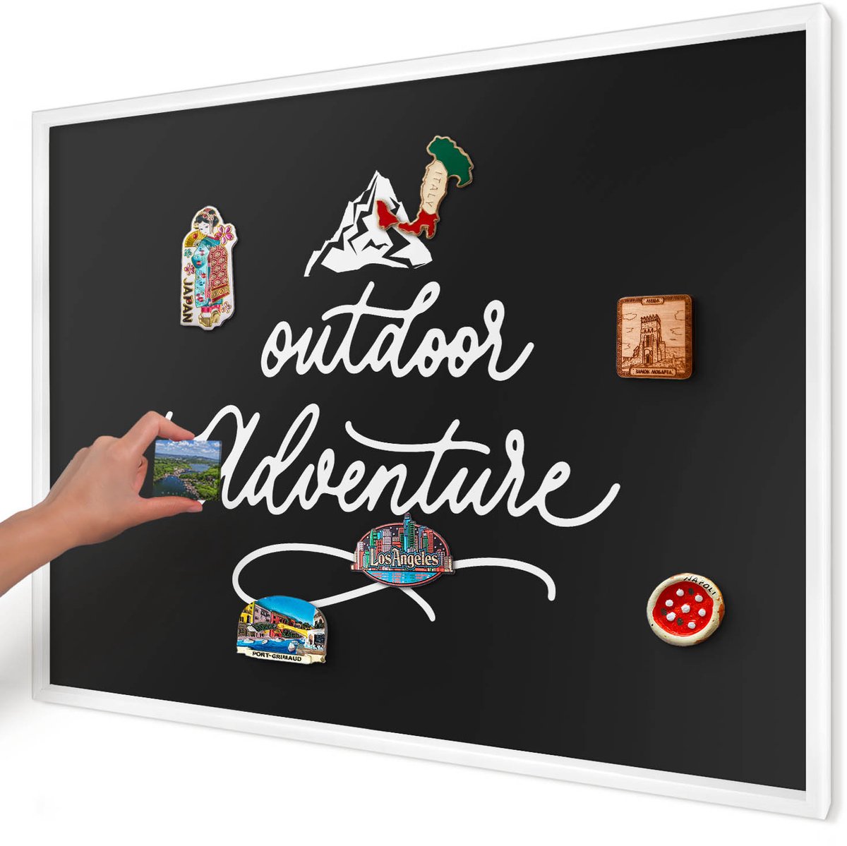 Artprintcave Zwart Magneetbord mit Witte Lijst - 100x70 cm - Buitenavontuur Magneetbord Voor Foto's - Typografisch Magnetische Organizer - Teksten