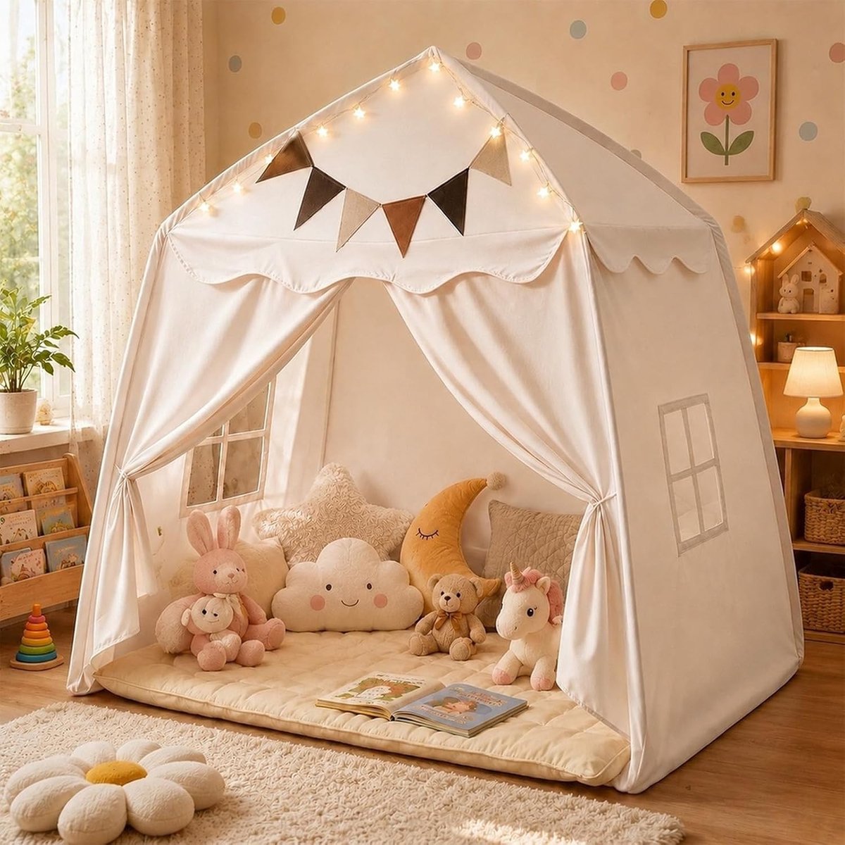 Grote speeltent met kleurrijke vlaggen, koepeltent speelhuis voor binnen en buiten, ideaal voor kinderen en buitenspeelplezier