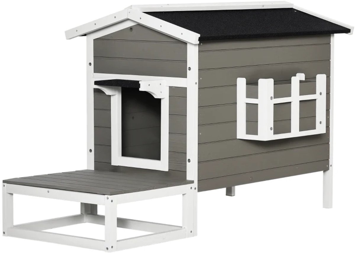 Kattenhuis - Voor buiten - Hok - Kooi - Bench - Ren - 1 verdiepingen - duurzaam - Grijs / Wit