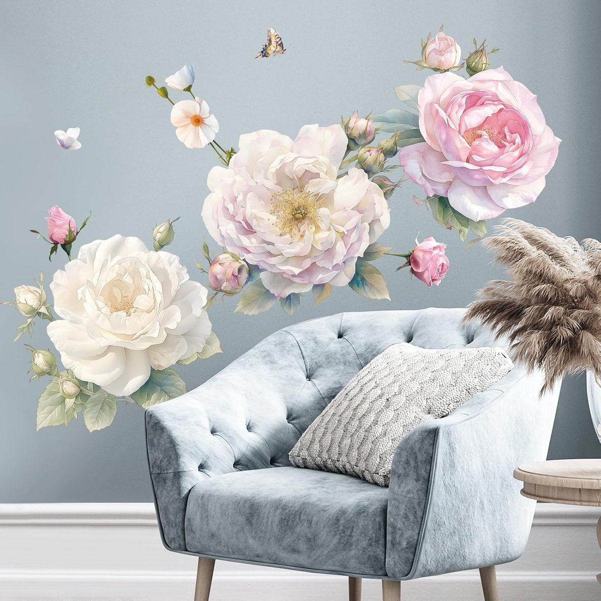 Muurstickers Peel Stick, Wit Roze Bloemen Muurdecals, Verwijderbare