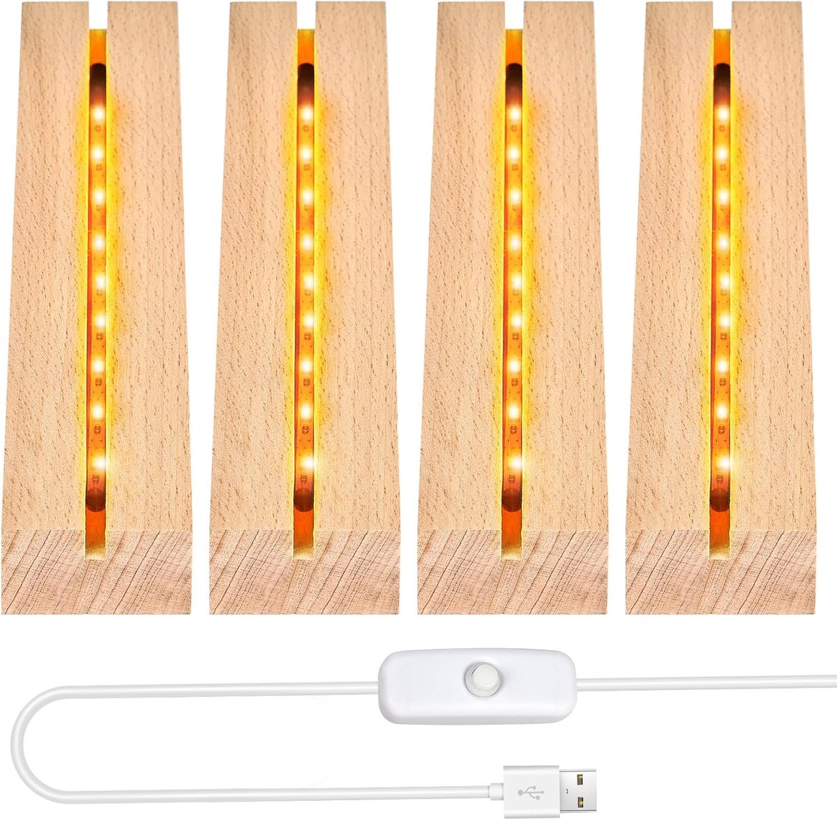 4 stuks led-lampen-displaybasis, warm geel verlichte lichtstandaard, houten verlichte USB-led-lichtsokkel, displaybasis, rechthoekig, houtverlichting voor doe-het-zelf acrylplaat, ornament, 15 x 4,5 x
