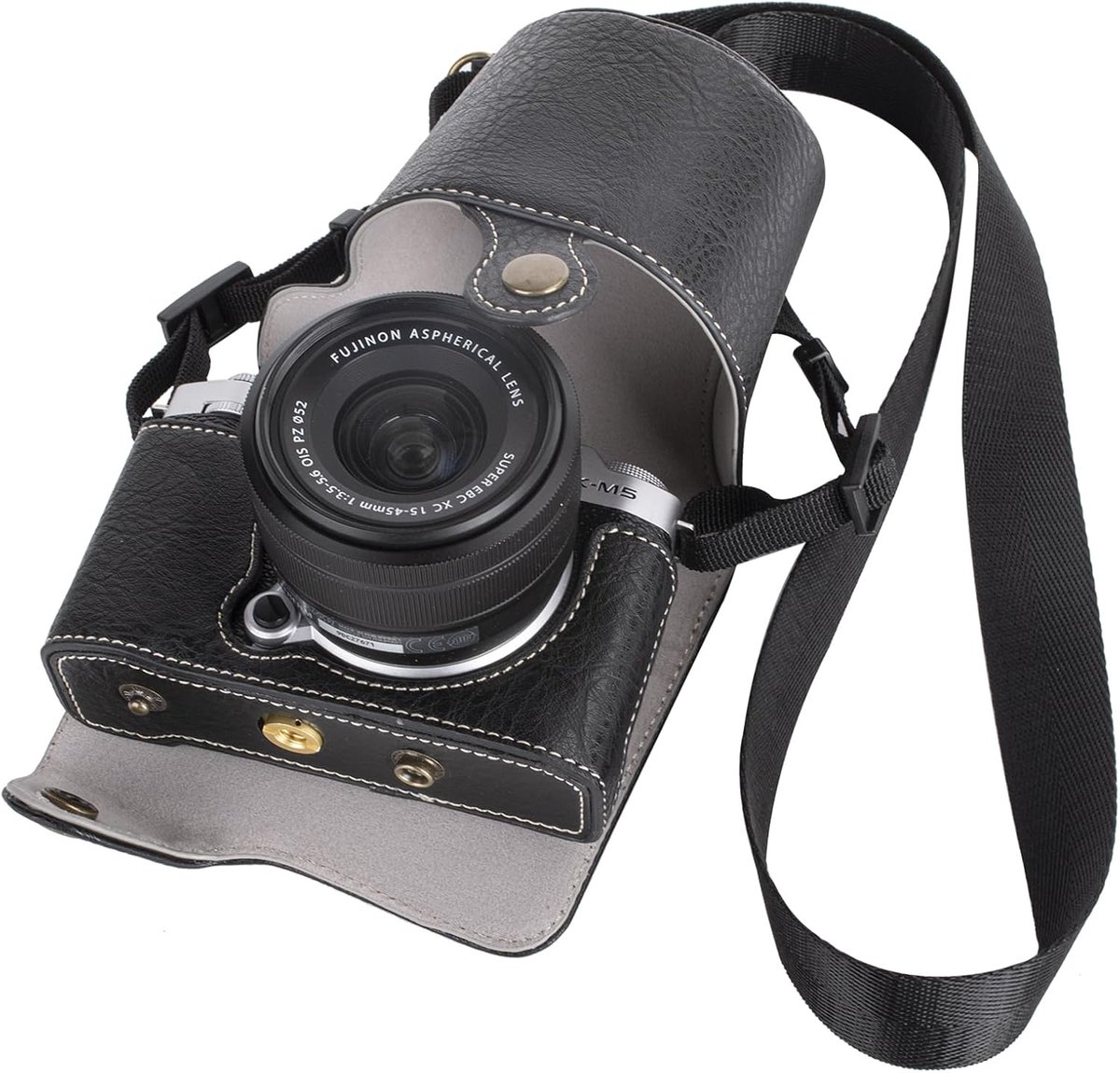 Beschermende cameratas voor Fujifilm XM5 spiegelloze camera, Fuji X-M5 cameratas Fuji XM5 halve hoes met voorkant met schouderriem volledige bescherming drukknop, Zwart, Fujifilm XM5