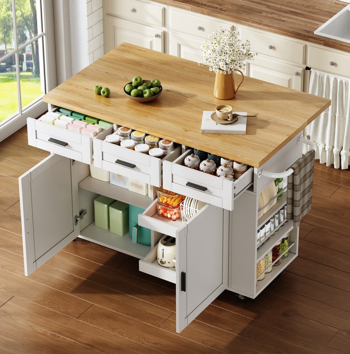 MIVRAY Keuken Eilandwagen Met Klapbaar Werkblad En Veel Opbergruimte Voor Keuken En Eetruimte MDF Natural White 120x70x84 Cm