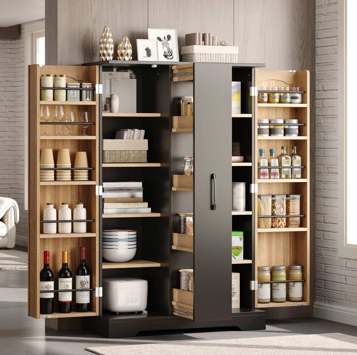 MIVRAY Keukenkast - Ruime Kast Met Kruidenrek En Vierlaagse Uittrek - Voor Keuken, Eetkamer En Woonkamer - MDF - Zwart Naturel - 120 X 78 X 35 Cm