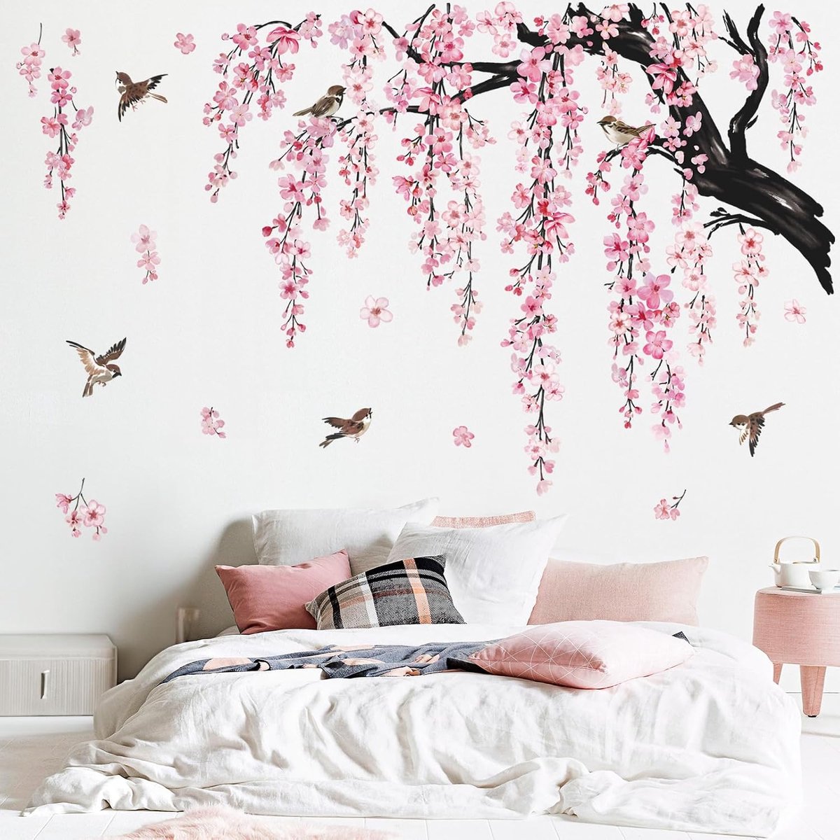 Muurstickers Roze Kersenbloesem Bloemen Vogels Muurkunst Stickers
