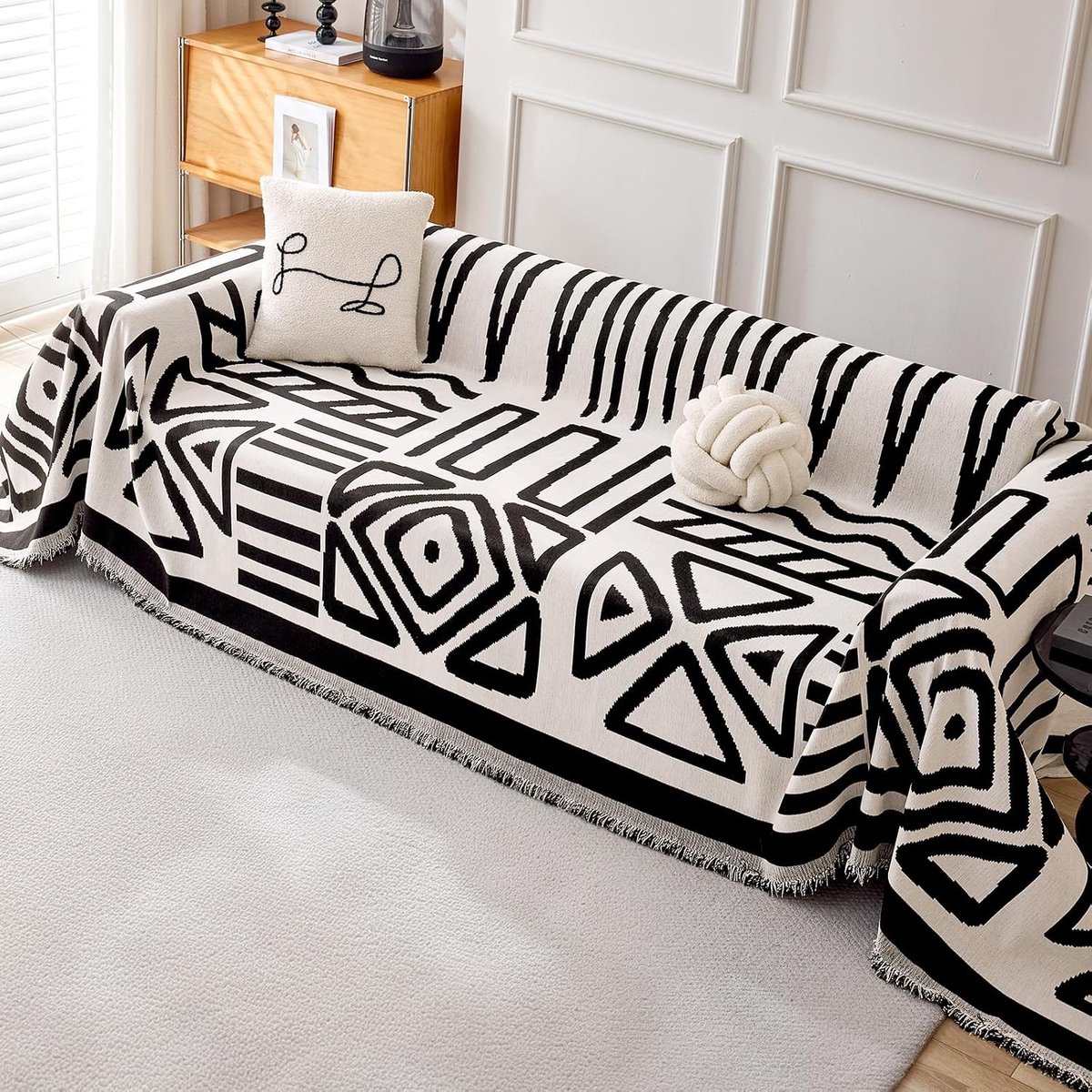 Boho Hoekbankhoes voor 2-3 Zits Sofa, Wasbare Meubelbeschermer met Franjes, Geschikt voor Huisdieren en Alle Seizoenen, 180 x 300 cm, Zwart-Wit Design