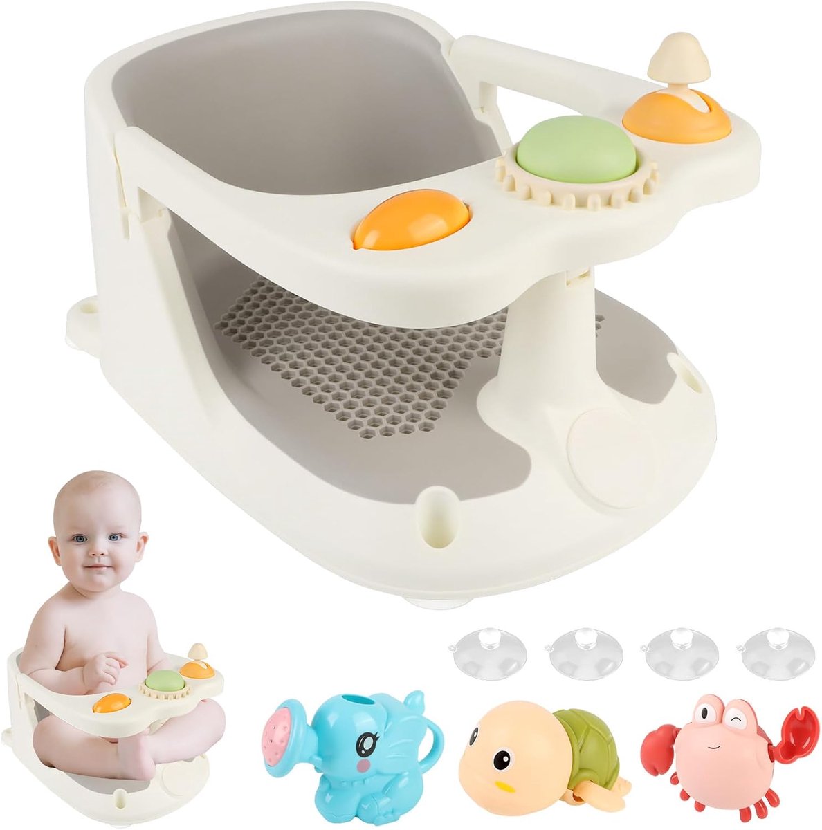 Babybadzitje vanaf 6 maanden, badzitje met 4 sterke zuignappen, antislip badzitje voor baby's met speelgoed, veilige badstoel voor peuters